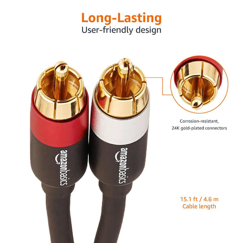 2 Male RCA Stereo Audio Cable For HiFi Systems And Subwoofers Crystal Clear Audio Gold Plated Connectors 15 Feet High Fidelity Digital Audio Interconnect For Amplifiers And Active Speakers, 15.1 ft cable