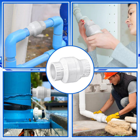 2 Inch PVC Swing Check Valve With No Spring Backflow Preventer in white, shown in plumbing installations, prevents backflow