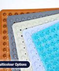 Square Shower Mat And Bathtub Grip Clear Non Slip Tub Floor Cover With Heavy Suction Nubs in assorted colors.