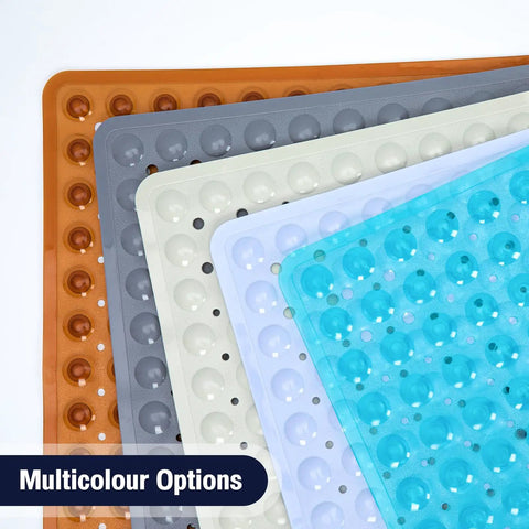 Square Shower Mat And Bathtub Grip Clear Non Slip Tub Floor Cover With Heavy Suction Nubs in assorted colors.