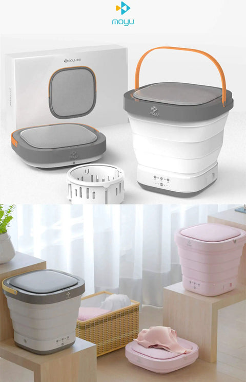 Foldable Portable Mini Washing Machine With Silica Gel Bucket Dehydrator For On The Go Cleaning Great For Baby Clothes Students And Travel 110V 220V Upgraded RSXS Version Ideal For Dorms Apartments RVs And Road Trips with accessories and packaging.