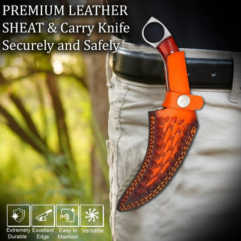 Handmade Fixed Blade Hunting Knife With Red Wood Handle For Outdoor Camping And Survival Stainless Steel Full Tang With Grippy Finger Ring in sheath