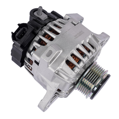 Drop In Alternator Replacement For Hyundai Veloster 2013 To 2017 And Kia Soul Forte Koup Forte5 Rio 2012 To 2017 1.6L 110A 12V CW 6 Groove 373002B760 11609 Compatible showing side view with connectors and 6-groove pulley