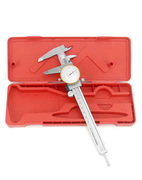 Dial Calipers 0-15 Cm with 0.02 mm Graduation, Stainless Steel Shockproof Vernier Caliper in red case, anti-glare dial visible
