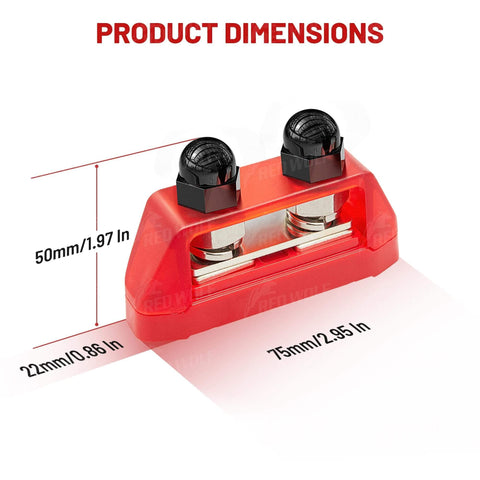 Beefy Dual Five Sixteenth Inch M8 Stud Bus Bar Power Distribution Block For 12-48V DC Systems 150A Max Battery Terminal Junction For Car Boat Marine Red And Black With Screws Included, shown with measurements