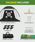 Get Your Swing On With This Heavy Duty 10 By 7 Foot Golf Practice Net Kit Including Tri Turf Mat Eight Durable Balls Tee And Handy Carry Bag Ideal For Indoor Outdoor Backyard Training On Driving Chipping And Full Swings Rated For 200 Mph Ball Speed, showing net, mat, balls, tee, stakes, sandbags, and bag