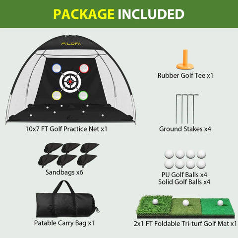Get Your Swing On With This Heavy Duty 10 By 7 Foot Golf Practice Net Kit Including Tri Turf Mat Eight Durable Balls Tee And Handy Carry Bag Ideal For Indoor Outdoor Backyard Training On Driving Chipping And Full Swings Rated For 200 Mph Ball Speed, showing net, mat, balls, tee, stakes, sandbags, and bag