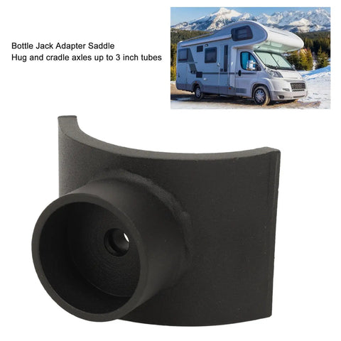 Heavy Duty Bottle Jack Adapter Saddle For 3 Inch Axle Tubes, 12 Ton Capacity, Iron Construction, black adapter in front view
