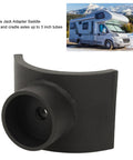 Heavy Duty Bottle Jack Adapter Saddle for Hydraulic Axle Lifts, black cradle for 3 inch tubes and 1.5 inch jacks, RV in background.
