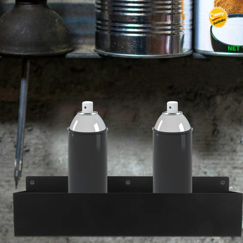 Wall Mount Spray Can Holder And Tool Rack Heavy Duty Metal Storage Shelf with two aerosol cans in garage setting