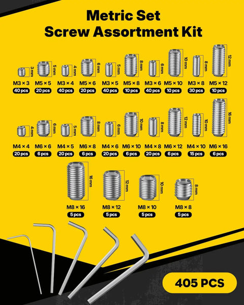 405 Piece Metric Set Screw Kit With M3 M4 M5 M6 M8 Threads 24 Lengths Durable 304 Stainless Steel Includes Five Allen Wrenches For Quick Easy Install And A Handy Secure Fit In Any Repair Or Assembly Job., metric set screw assortment kit with M3-M8 screws, 304 stainless steel, 405 pcs and 5 Allen wrenches