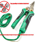 8 In 1 USB-C Rechargeable Electrician Pliers With Non Contact Voltage Tester, green handle and USB-C cable