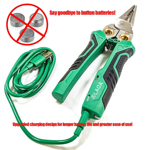 8 In 1 USB-C Rechargeable Electrician Pliers With Non Contact Voltage Tester, green handle and USB-C cable