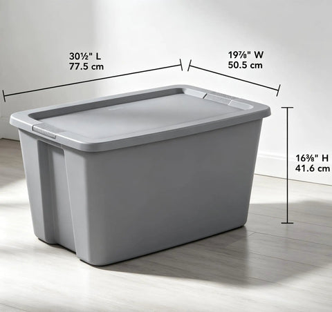 Kickass 30 Gallon Heavy Duty Plastic Storage Bin With Secure Snap Lid For Garage Organization Seasonal Gear Sorting And Everyday Essentials in matte gray finish, showcasing dimensions.