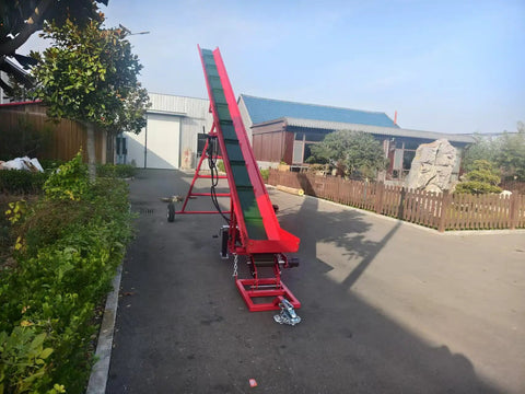 7HP Gas Powered Firewood Conveyor 18FT Long Log Conveyor With Hydraulic Adjustable Height And PVC Anti Slip Belt displayed outdoors