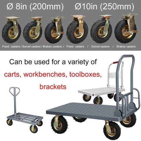 Real Deal Heavy Duty Caster Wheels Eight And Ten Inch Swivel Brake Outdoor Casters For Yard Cart Hauling One Thousand One Hundred Pound Load Rating Smooth Roll Rubber Tires Mounting Kit displayed with carts and workbenches.