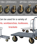 Pair Of Bombproof Heavy Duty Casters And Wheels, 8 Inch Plus 10 Inch Slick Swivel Rollers With Shock Absorbing Rubber Treads, 1100 Lbs Capacity For Yard Dump Carts on tool carts.