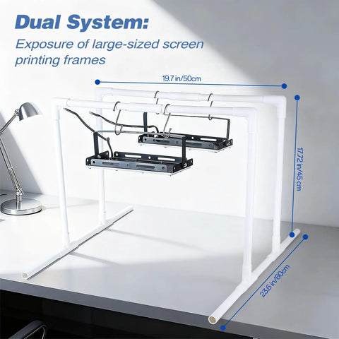 Two Pack 50W LED UV Light For Screen Printing With Dual Stands shown with dimensions on desk