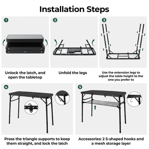 Installation steps for Foldable Camping Table With Storage Net Aluminum Portable Table With Three Height Settings Up To 27.3 Inches