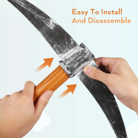 Hands demonstrating assembly of Dope Realistic 49 Cm Fake Pickaxe Prop For Halloween Cosplay And Masquerade Party Decor.