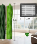 Replacement Parts Kit For Roomba Models Including i3, i3 Plus, i4, i4 Plus, i5, i5 Plus, i6, i6 Plus, i7, i7 Plus, i8, i8 Plus, E5, E6, E7 Plus With 2 Rubber Brush Sets, 8 Side Brushes, And 8 Filters Not Compatible With J7 J7 Plus, showing 7.4in brushes and 2.4in filter