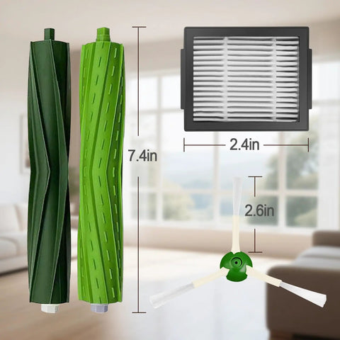 Replacement Parts Kit For Roomba Models Including i3, i3 Plus, i4, i4 Plus, i5, i5 Plus, i6, i6 Plus, i7, i7 Plus, i8, i8 Plus, E5, E6, E7 Plus With 2 Rubber Brush Sets, 8 Side Brushes, And 8 Filters Not Compatible With J7 J7 Plus, showing 7.4in brushes and 2.4in filter