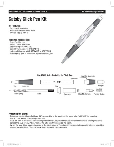 Gatsby Click Ballpoint Pen Woodturning Kit Slick Gold Hardware instructions and parts diagram for pen assembly.
