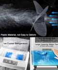 Portable Evaporative Air Cooler With Oscillating Louvers And Boosted Airflow Lightweight Whisper Quiet Mist Fan demonstrating features like ice crystal refrigeration.