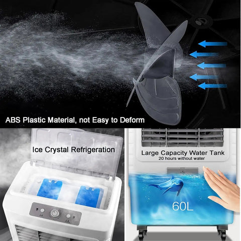 Portable Evaporative Air Cooler With Oscillating Louvers And Boosted Airflow Lightweight Whisper Quiet Mist Fan demonstrating features like ice crystal refrigeration.