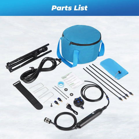 All In One Portable Misting Cooling System With Rechargeable USB Pump Or Faucet Connection 26 Ft Hose parts spread on white background.