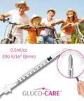 GLUCO-CARE 0.5 ml syringe, 30G x 5/16 in (8 mm), 100/box, shown with group of people on bicycles