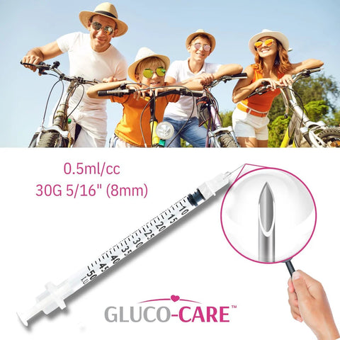 GLUCO-CARE 0.5 ml syringe, 30G x 5/16 in (8 mm), 100/box, shown with group of people on bicycles