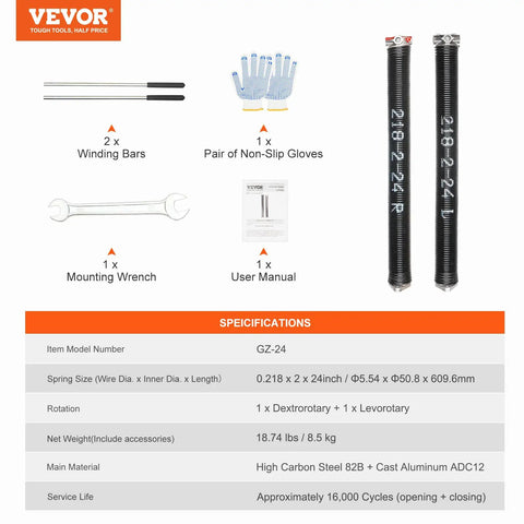 Garage Door Torsion Springs Pair With 0.218 Inch Wire, 2 Inch Inner Diameter, 24 Inch Length, Easy Install accessories
