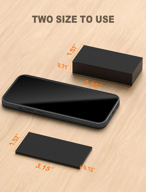 Heavy Duty Eva Foam Headboard Stoppers And Wall Protectors Keep Your Setup Tight And Silent Kick Back Against Walls Shield From Nasty Scuffs Stay Solid Black 20 Pack showing two foam sizes next to a smartphone.