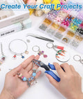 Person using Split Ring Opener Tool For Jewelry Making, Keychain Pliers Set with jump rings, charms, and beads visible.