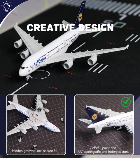 1/400 Scale Airbus A380 Model with Detachable Landing Gear and Display Stand on runway with creative design elements.