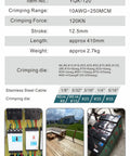 Specifications of 12 Ton Hydraulic Wire Crimper With 10 Die Set, includes images of wiring and crimping tool in use