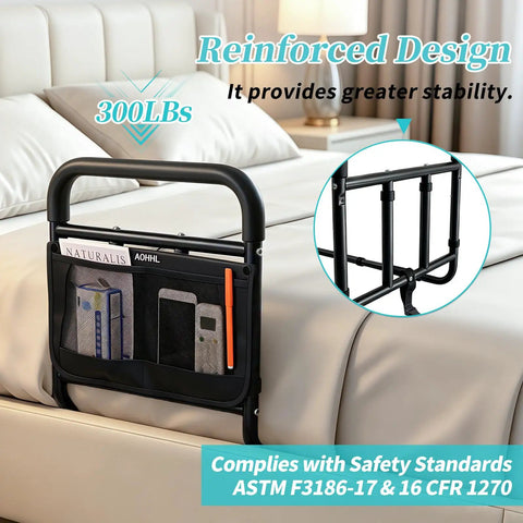Bed Rails For Old Folks And Seniors With Adjustable Height Under Mattress Bed Guard With Storage Pocket Non Slip Foam Portable Side Railings To Prevent Falls Easy Install Black