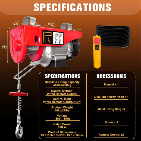 Electric hoist winch with red housing, Amazon brand, wired remote control, 440 lb lifting capacity