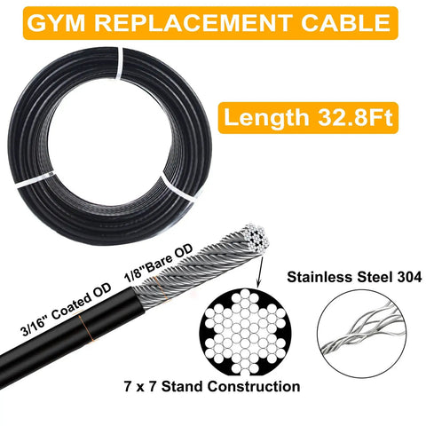 Heavy Duty 32.8 Foot Fitness Pulley Cable Replacement Rock Solid Five Millimeter Black Pvc Coated Wire Rope, stainless steel construction.
