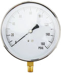 Beefed Up Contractor Series Bottom Mount Dry Pressure Gauge With Stainless Steel Case Brass Internals Plastic Lens 4 Inch Dial 0 To 160 PSI Range 1/4 Inch NPT