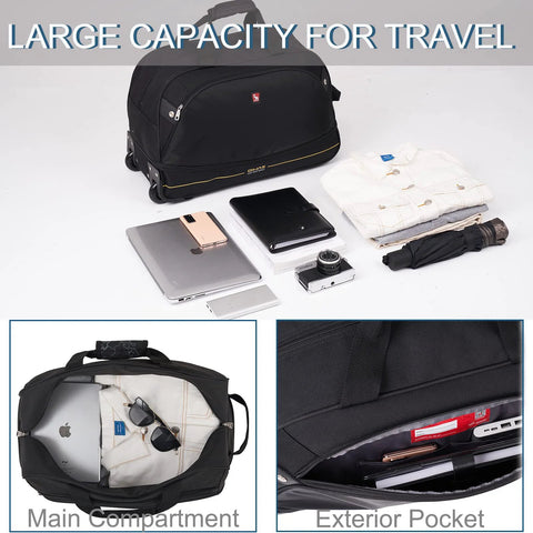 OIWAS 22-inch black rolling duffle bag with wheels; main view shows luggage with clothes and electronics.