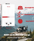 Lightweight Portable Propane Tankless Water Heater Kicking Out Instant 2.64 GPM Rock Solid Hot Water Straight Up Smooth Setup Perfect For RV Life Camping Trips Or Outdoor Backyard Bath Nights 16 Lb, shown outdoors with height and width dimensions.