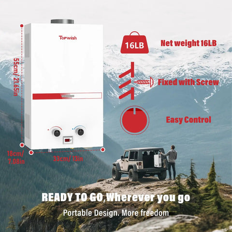 Lightweight Portable Propane Tankless Water Heater Kicking Out Instant 2.64 GPM Rock Solid Hot Water Straight Up Smooth Setup Perfect For RV Life Camping Trips Or Outdoor Backyard Bath Nights 16 Lb, shown outdoors with height and width dimensions.
