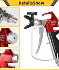 Heavy Duty 3600 Psi Airless Primer Paint Spray Gun With Five Reversible Tips And Two Brass Guards, close-up view of nozzle and handle.