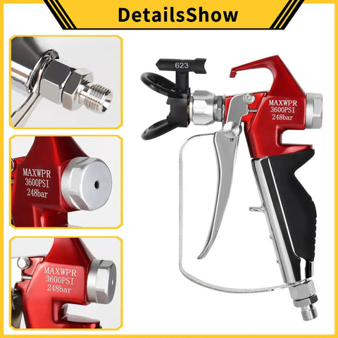 Heavy Duty 3600 Psi Airless Primer Paint Spray Gun With Five Reversible Tips And Two Brass Guards, close-up view of nozzle and handle.