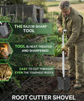 Man using Metal Detecting Shovel For Treasure Hunting And Gardening, Heavy Duty Root Slayer With Double Serrated Blade in garden