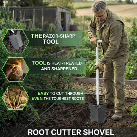 Man using Metal Detecting Shovel For Treasure Hunting And Gardening, Heavy Duty Root Slayer With Double Serrated Blade in garden