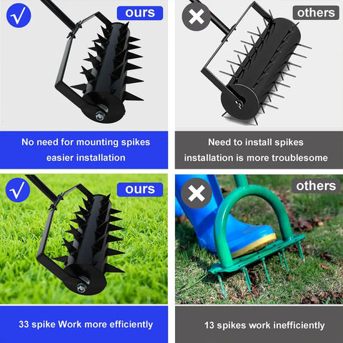 Comparison image of Seventeen Inch Rolling Lawn Aerator With Two Inch Steel Spikes Heavy Duty Manual Soil Aerator Tool With Adjustable Handle and other aerators.