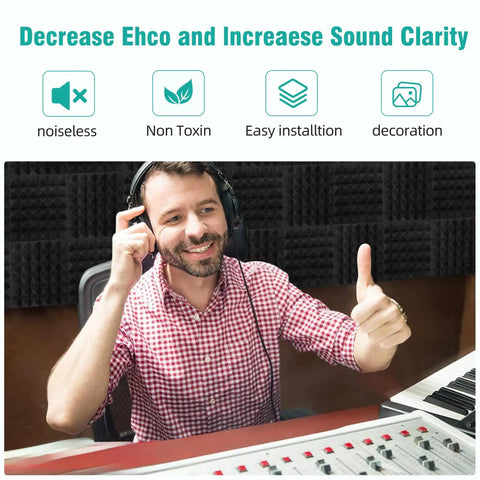Man using sound equipment with 50 Pack Pyramid Acoustic Foam Panels 2 By 12 By 12 Inches for walls in studio background